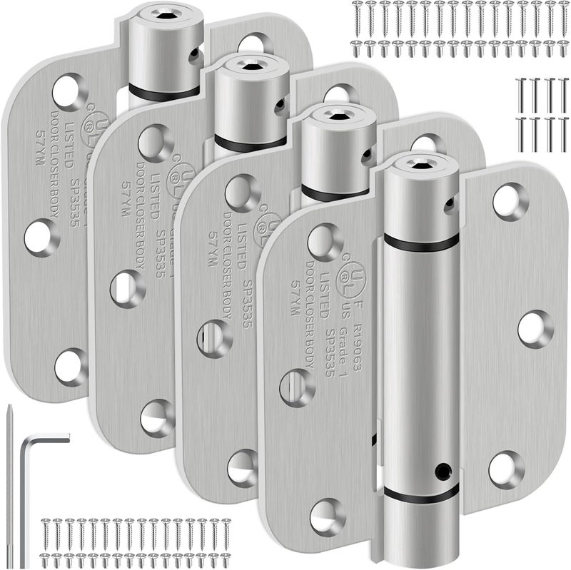 IOQ 3.5 Inch Self Closing Door Hinges, 5/8" Radius Corners Spring Loaded Hinges for Interior Door, Bedroom, Pantry Door, UL Listed, for Left and Right Hand Door, Brushed Nickel, 4 Pack - Image 1